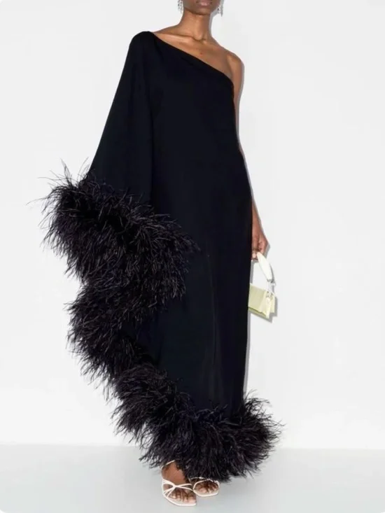 Black Feather Trim One-Shoulder Gown | Luxury Evening / Gala Dress - Picture 1 of 1